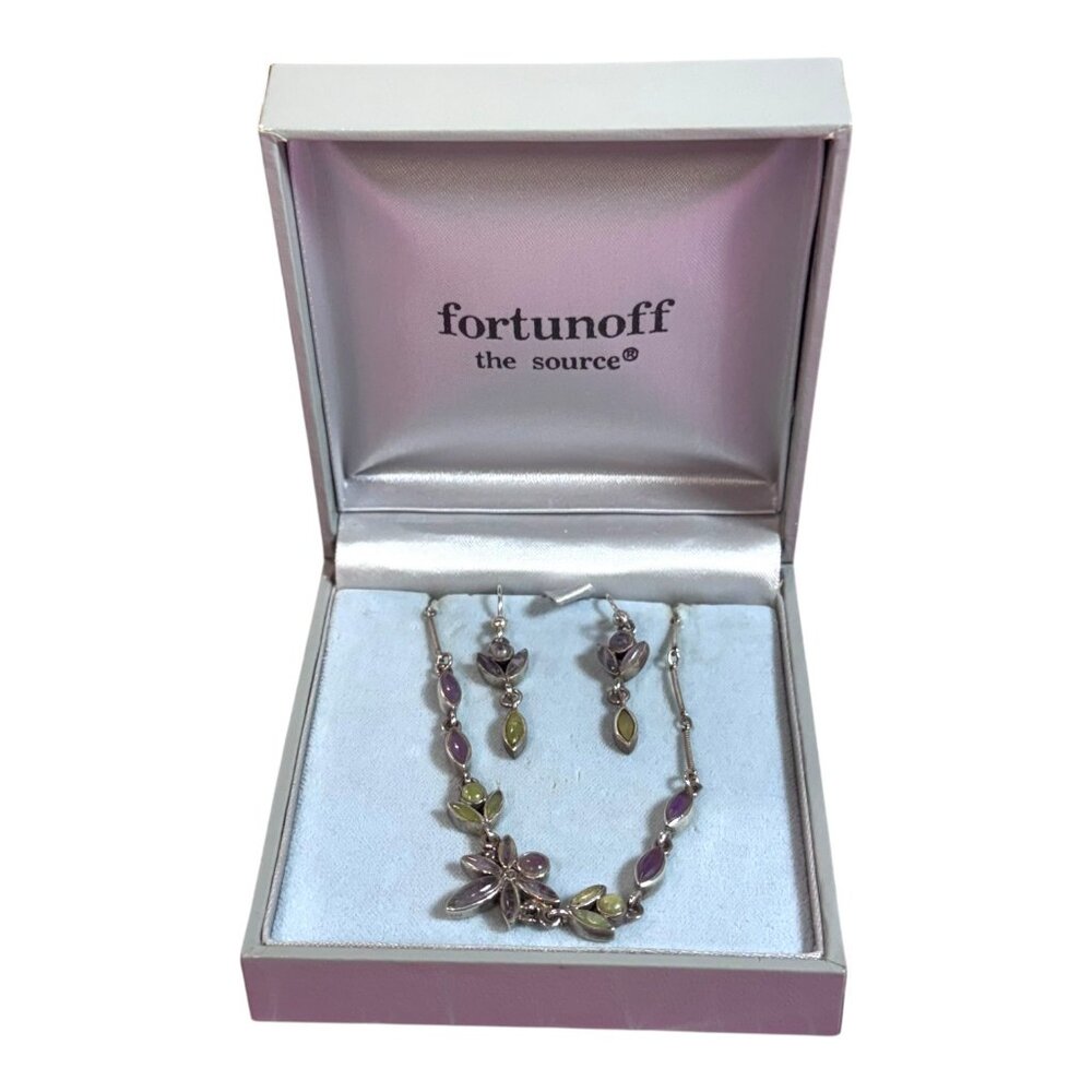 Fortunoff Sterling Silver Amethyst & Jade Floral Necklace & Earrings Jewelry Set